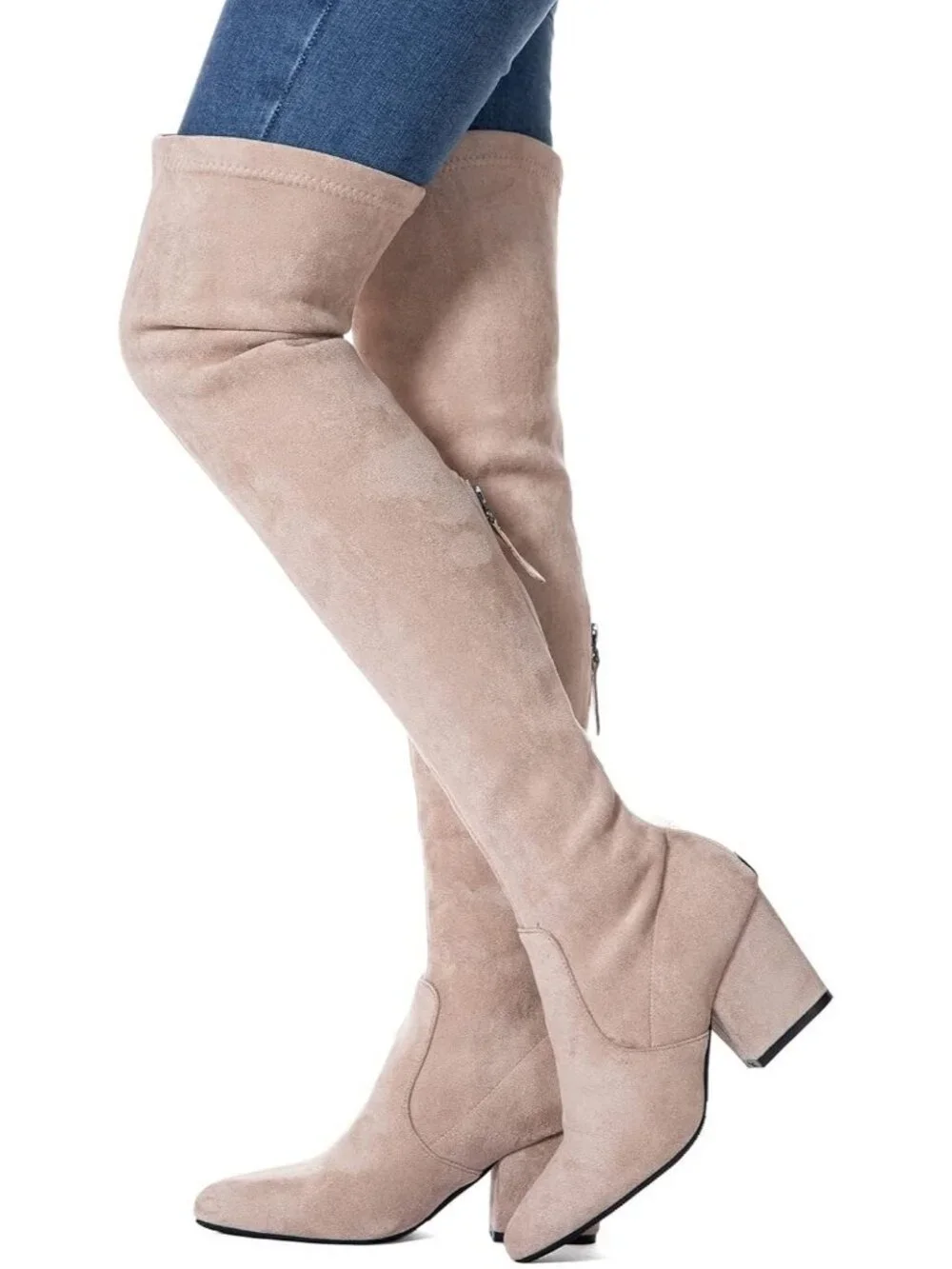 Women's Khaki Suede Pointed Toe Flat Comfort Over the Knee Thigh High Boots
